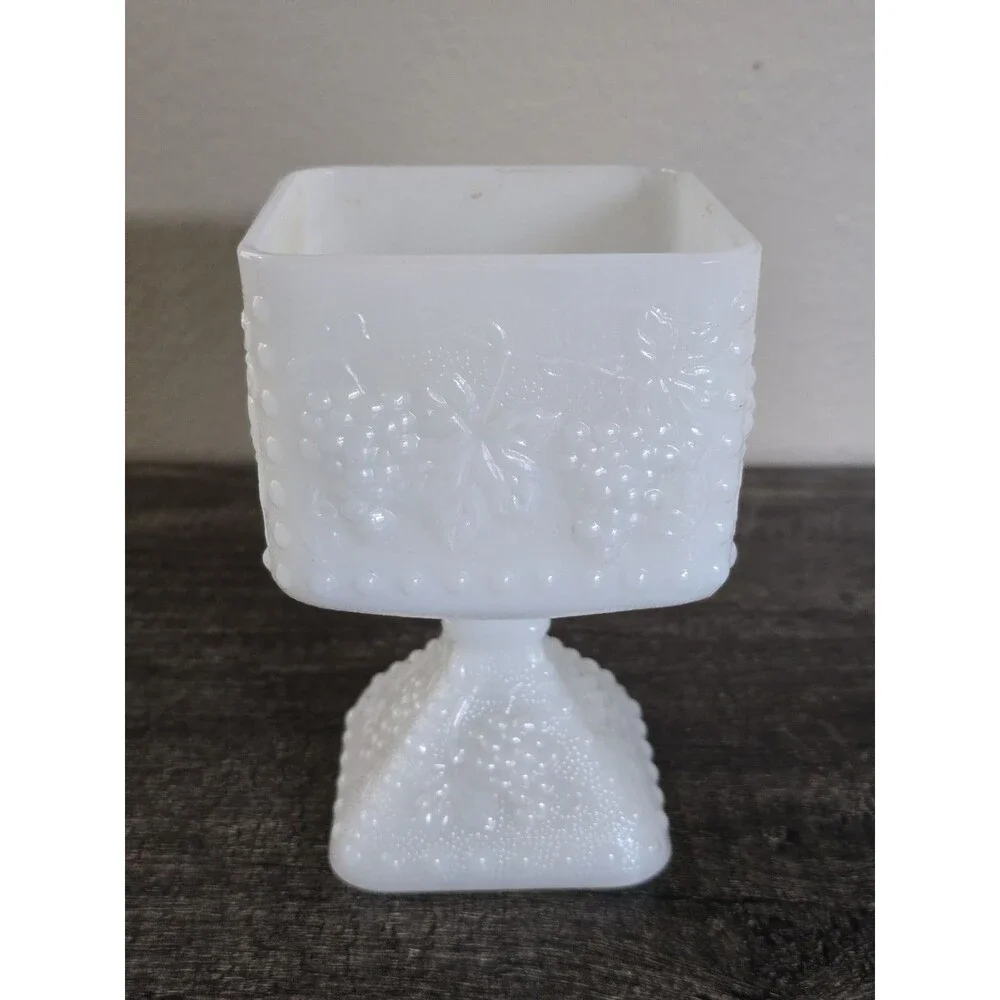 Vintage 1960s Anchor Hocking Milk Glass Square Pedestal Bowl Harvest Grape